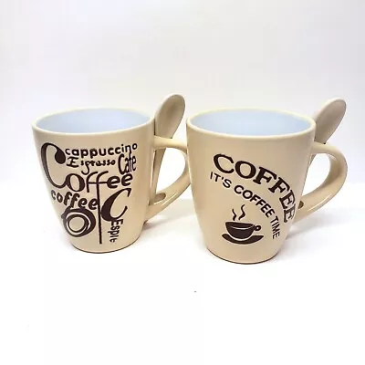 It's Coffee Time Mug Set W/ Ceramic Spoons Small Cappuccino Espresso Cups Lot X2 • £11.67