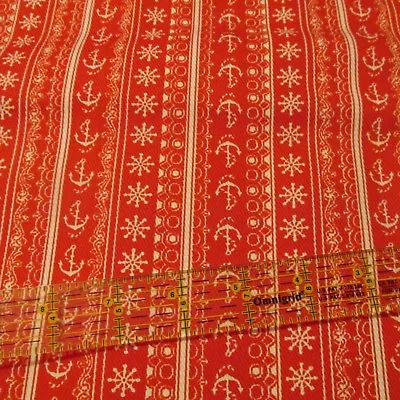 Vtg 70s Cotton Fabric Canvas RED Nautical Anchors Stripe Rows BTHY Half Yard  • $12