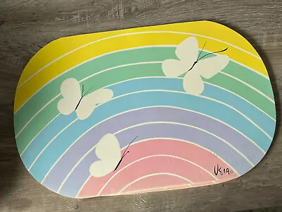 VTG Vera Neumann Butterfly Yellow Green Rainbow Placemats Set Of 3 Oval Vinyl • $26