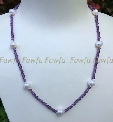 Faceted 4mm Natural Amethyst Gems 7-8mm Freshwater White Pearl Necklace 16-36'' • $6.11