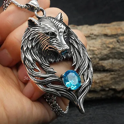  Mens Stainless Steel Turquoise Wolf Head Pendant Necklace For Men Women • $14.99