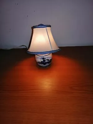 Vintage Blue Ceramic Windmill Scene Small Table Lamp With Textil Shade Delft • $29.50