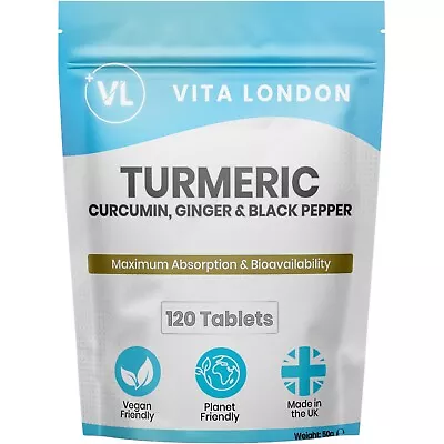 Turmeric Tablets 4000mg (Not Capsules) 120 Pack + Ginger Black Pepper Curcumin • £4.99