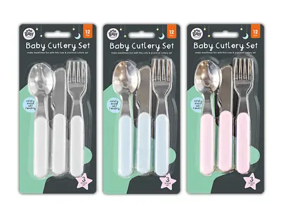 Toddler Cutlery Set Baby Fork Knife Spoon Metal Plastic Grip Baby Feeding 3 Pack • £4.99