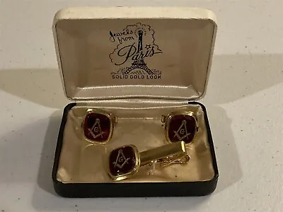 Vintage Masonic Set Of Cufflinks Tie Clip Red Gold Color From Paris • $26.95