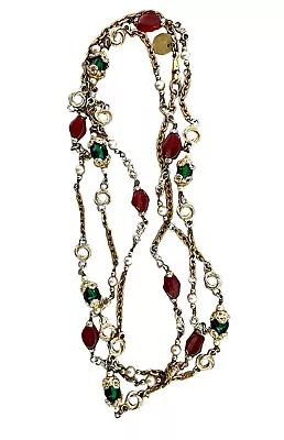 VINTAGE CHANEL 1984 LONG RED GREEN GRIPOIX PEARL SAUTOIR NECKLACE 64 Inches • $1995