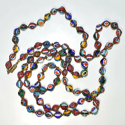 LONG -  44  Antique Millefiori Murano Glass Beads - Hand Made & Knotted Necklace • $75