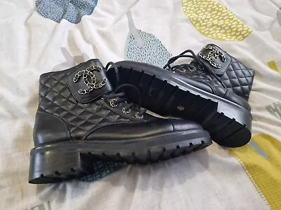 Authentic CHANEL  CC Diamond  Quilted Lace Up Combat Boots 38  Black • £900