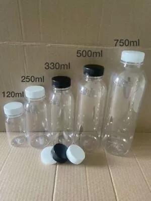 60ml 120ml 250ml 330ml 500ml Juice Bottles Round Clear Plastic With Tamper Caps • £3.95