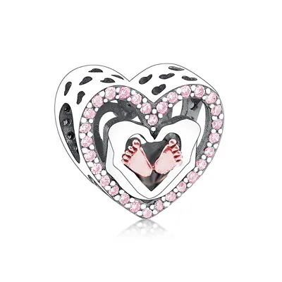 £17.97 • Buy Baby Girl Pink Crystal Love Heart Charm Baby Feet Newborn Sterling Silver 925