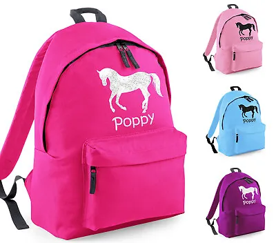 Childrens Personalised Glitter Horse Backpack Girls Boys Riding School Rucksack • £9.99