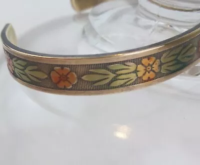 Vintage Brass Cuff Bracelet Engraved Flowers Daisy Art Deco Orange Green • $23.95