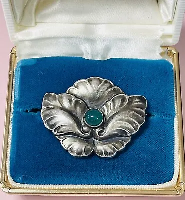 £245.53 • Buy Vintage Georg Jensen Denmark Sterling Silver Chrysoprase Flower Brooch Pin #107