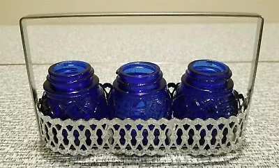 Vintage Set Of 3 Small COBALT BLUE Glass JARS IN Metal CADDY Or Holder • $9.95