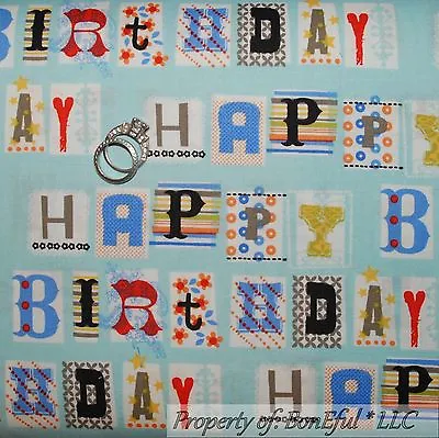 $0.79 • Buy BonEful Fabric Cotton Quilt Blue Boy Happy Birthday Letter Baby Stripe VTG SCRAP