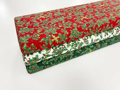 £4.65 • Buy Holly Sprigs Christmas Traditional Cotton Fabric Metallic Patchwork Material