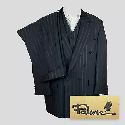 Falcone 3 Piece Suit Mens 46R 40x25 Black Stripe Pleated Double Breasted • $99