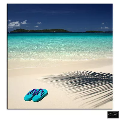 Beach Sandals   Sunset Seascape BOX FRAMED CANVAS ART Picture HDR 280gsm • £14.99