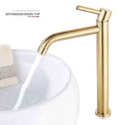 Rubinetto Bagno Alto Oro Spazzolato – Miscelatore Monocomando Con Beccuccio Rotondo Per Lavabo, Acciaio Inox 304