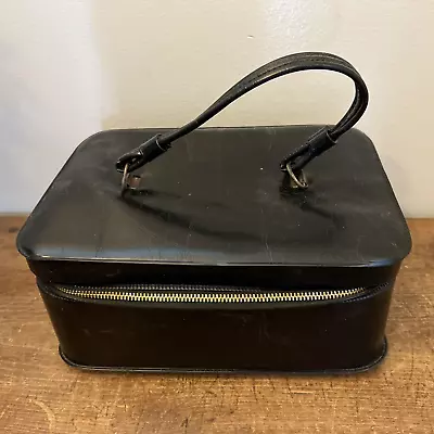 Vintage Black Leather Makeup Carrier Toiletry Train Case 9  X 6 1/2  X 4  • $101.89