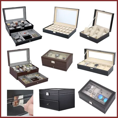 6/10//12/20/24/6+3 Slot Men Jewelry Box Watch Display Case Organizer Large Lock • £8.97