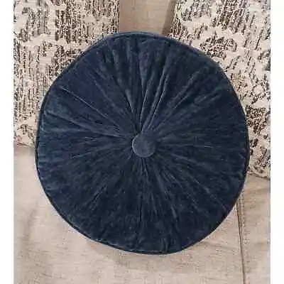 ROYAL BLUE Velvet ROUND Pleated Sofa Throw Pillow Cushion W Button Ruched 14  • $48