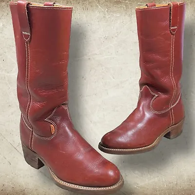Levis Orange Tab Cowboy Boots Mens 7 Vintage 70s Cognac Brown Western Roper • $98.99