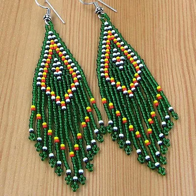 Green Seed Beaded Chandelier Earrings E27/2 • $11.99