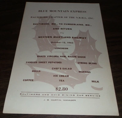 $20 • Buy October 1963 Baltimore & Ohio B&o Dining Car Luncheon Menu Western Maryland