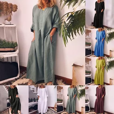 Women Casual Loose Long Sleeve Maxi Dress Cotton Linen Pocket Kaftan Dress • $46.42
