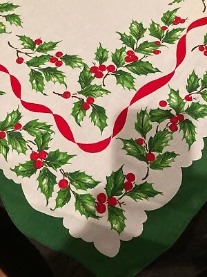 $14.99 • Buy VINTAGE CHRISTMAS Tablecloth PRINT Holly Ribbons 81  X 59  Rectangular
