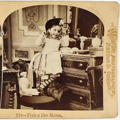 Girl Playing Dress-Up Stereroview C1876 Child Pretending Vanity Mirror Card E696 • $17.97