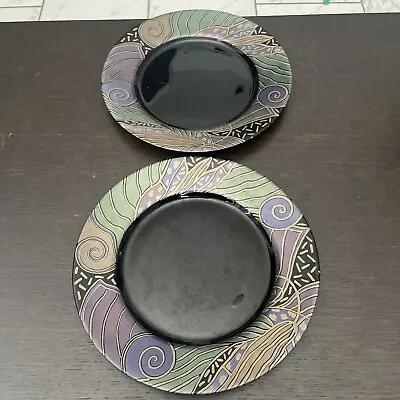 Arcoroc Tampico 2 Dinner Plates French Black Glass Colorful Rim Geometric Design • $43