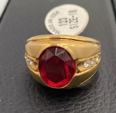 Gold EP W/ Garnet Red Stone W/Cz Side Accents Men Ring Sz 10 NWT Vintage Seta • $56