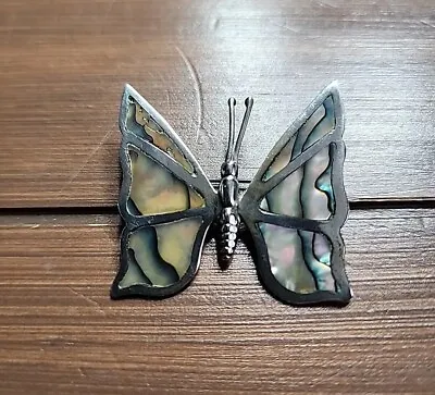 Vtg Abalone Butterfly Brooch Mexico Silver Inlay Estate MOP Pin Brooch • $13.95