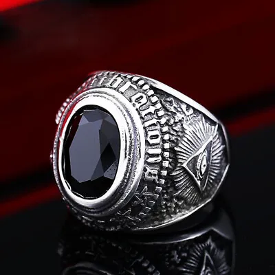 Black Stone Masonic Eye Satan Ram Signet Ring Stainless Steel Vintage Biker Ring • $12.98