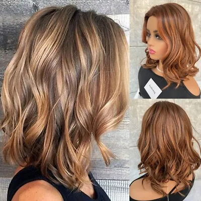 Shoulder Length Loose Wavy Human Hair Blend Heat Ok Blonde Auburn Mix Soft Wigs • $26.19