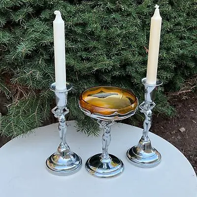 Art Nouveau Cambridge Farberware Nude Amber Compote & Matching Candle Holders • $225