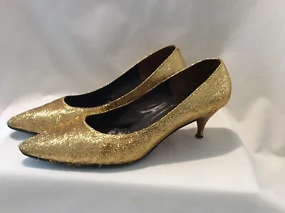 £75 • Buy Vintage 1960s Gold Lame’ Stiletto Court Shoes - Size 6.5
