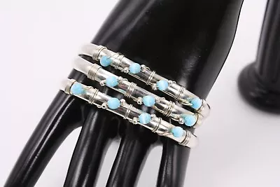 Lot 3 Baby Aqua Blue Satin Moonstone Wired Bead Vtg Cuff Stacking Bracelets Set • $89.99