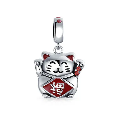 Japanese Maneki Neko Cat Good Tune Dangle Charm Bead Sterling Silver • $19.99