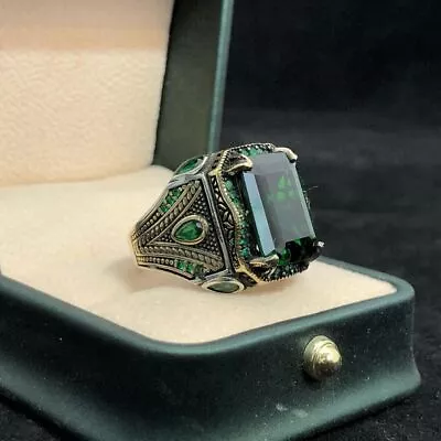 Handcrafted 925 Sterling Silver Jewelry Lab-created Emerald Signet Men's Ring • $59