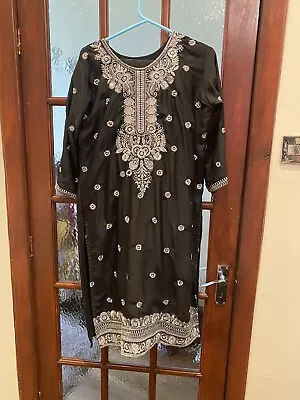 £7 • Buy Black And Silver Net Scarf Salwar Trouser Kameez Suit Size 46 UK 16