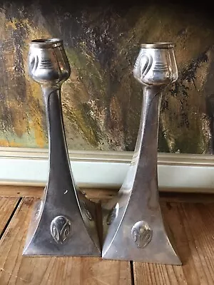 Pair Of WMF Jugendstil Secessionist Art Nouveau Pewter Candlesticks Albin Muller • $455