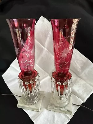 Cranberry Mantel Lusters Electric Table Lamps Pair Etched Flashed Marble Base  • $100