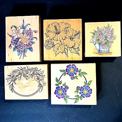 Vintage Large Floral Rubber Stamps Wood Block Set Of 5 Various Brands • $44.97