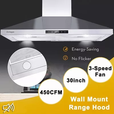 Zomagas 30inch Wall Mount Range Hood Vent 450CFM Stainless Steel Cooking Fan • $129.99