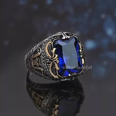 Turkish 925 Sterling Silver Handmade Jewelry Sapphire Blue Men's Ring All Size • $58