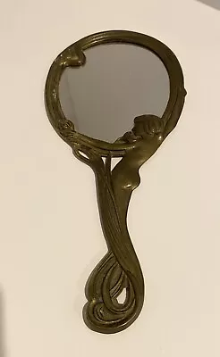 VTG Art Nouveau Brass Metal Glamour Naked Lady Hand Held Mirror 9.75” L • $35