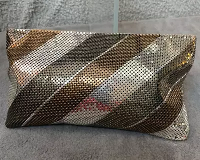 VTG Whiting & Davis Handbag Womens Purse Mesh Silver Gold Gray Diagonal Stripesa • $28.87